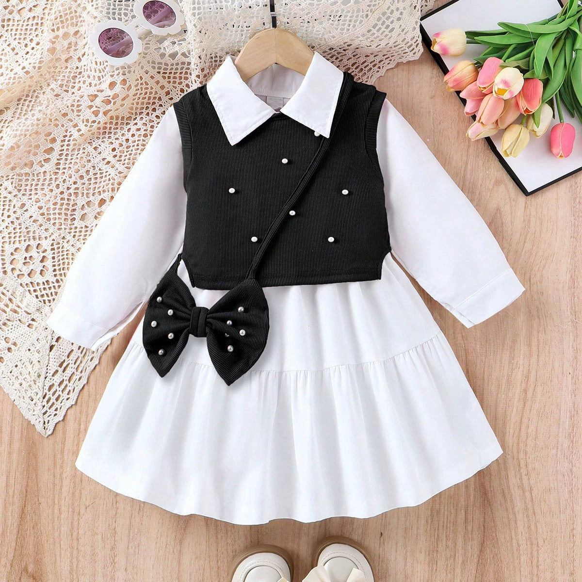 Conjunto de niña vestido + chaleco de perlas 