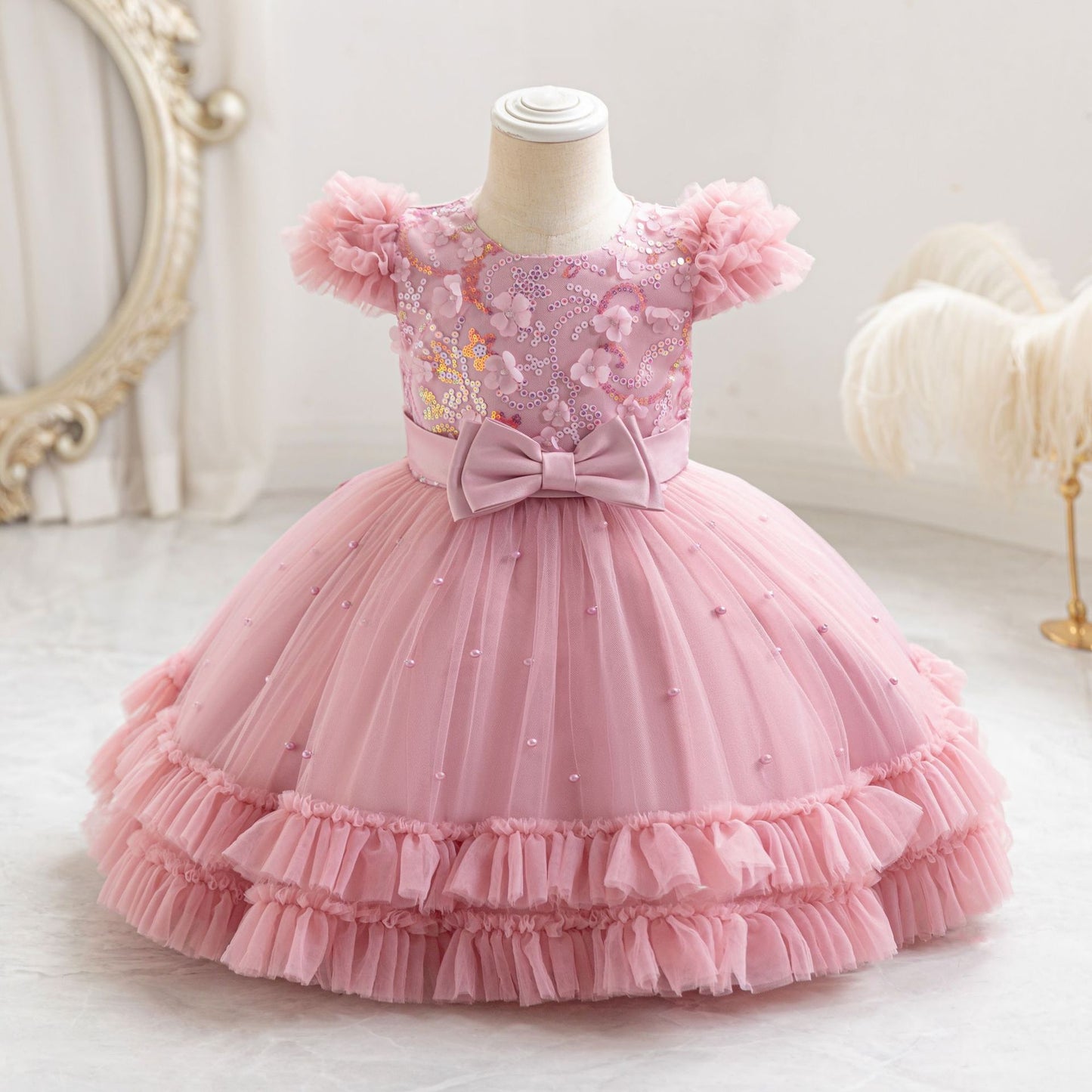 Vestido de fiesta infantil con lazo de flores pequeñas 