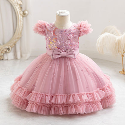 Vestido de fiesta infantil con lazo de flores pequeñas 