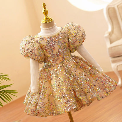 Gold Sequined Party Dress for Girls + Bow