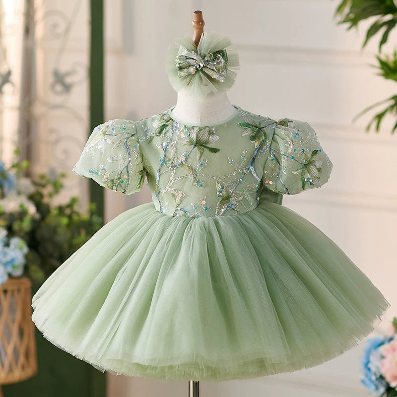 Bright Floral Green Children's Party Dress