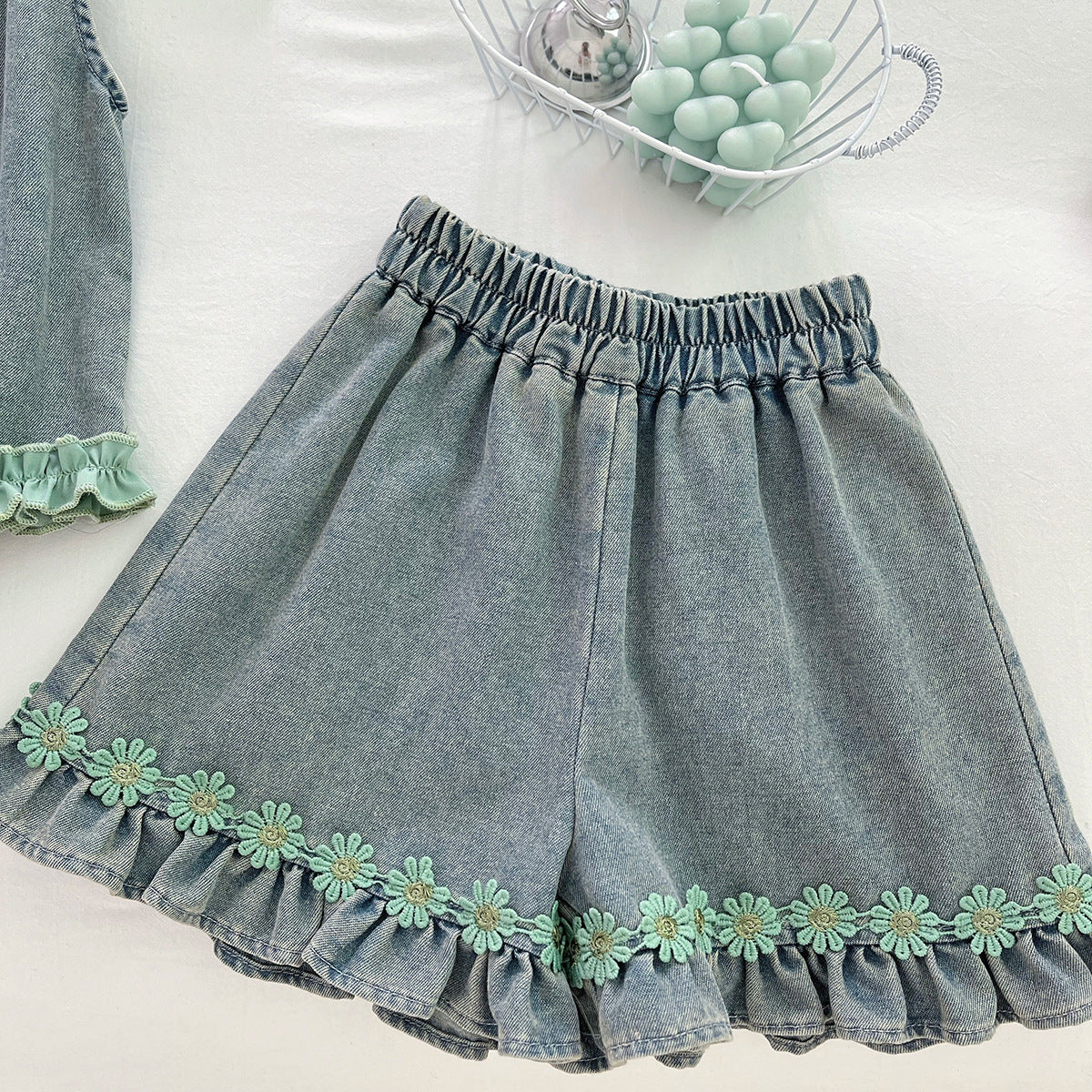 Girls' Denim Set with Floral Print