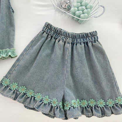Girls' Denim Set with Floral Print