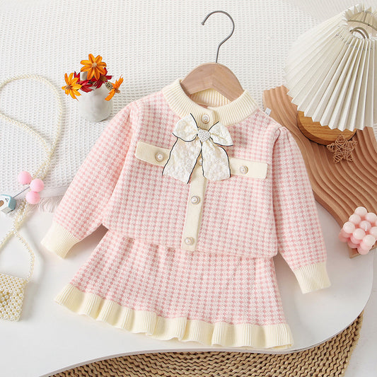 Girls' Plaid Knit Set with Bow