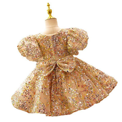 Gold Sequined Party Dress for Girls + Bow