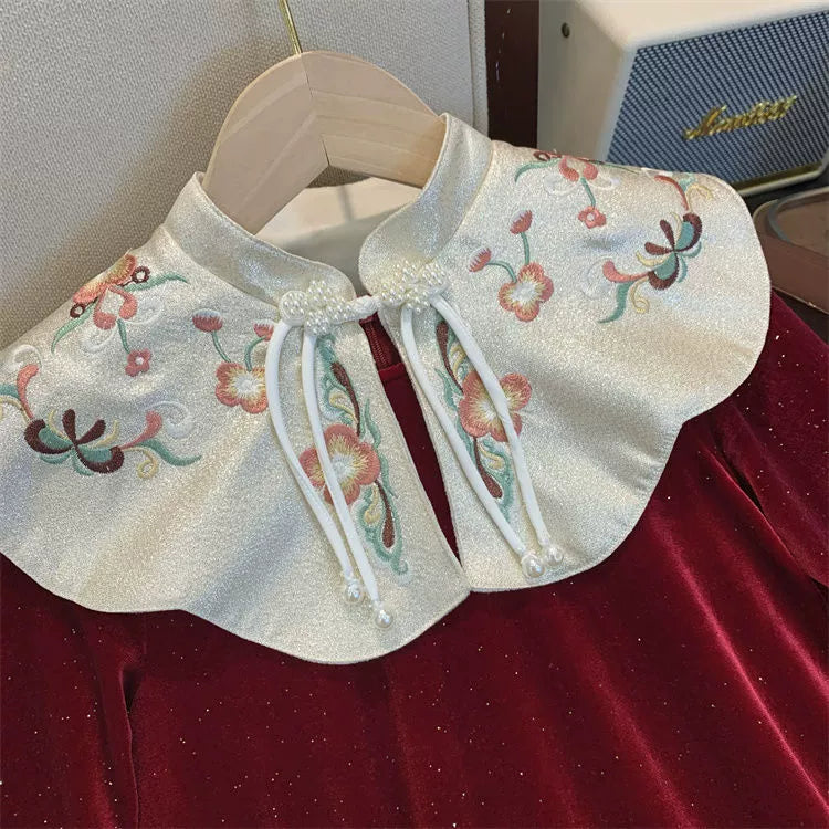 Children's Velvet Dress with Floral Collar