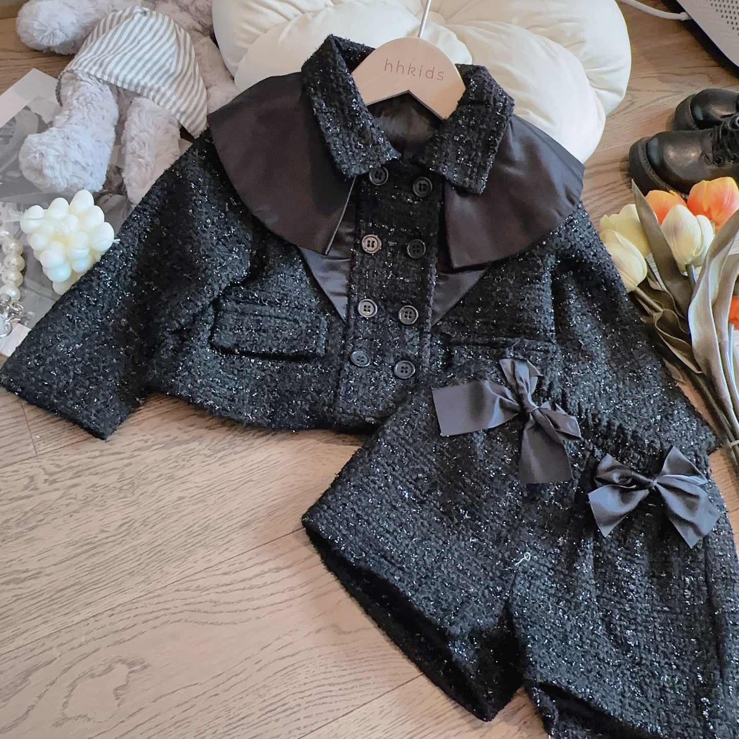 Girls' Black Outfit with Small Bows