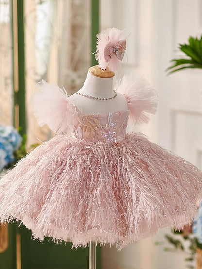 Pink Feathered Party Dress for Girls