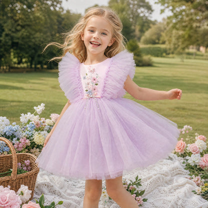 Flower Children Girls Flying Sleeve Tulle Princess Dress