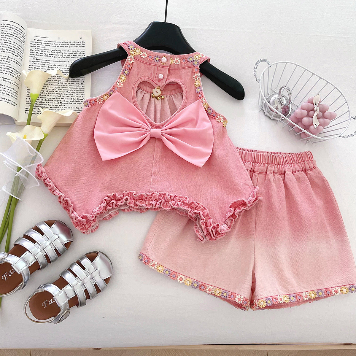 Girls' Denim Set with Floral Print