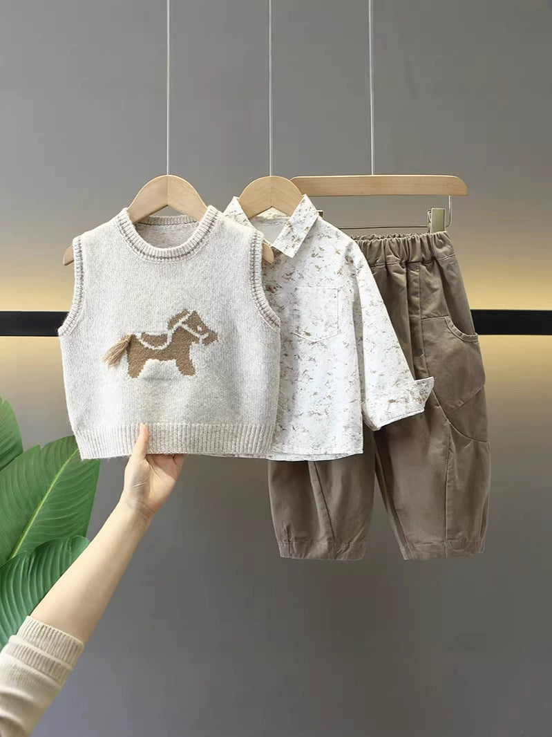 Children's 3-Piece Knitted Set with Little Horse Design