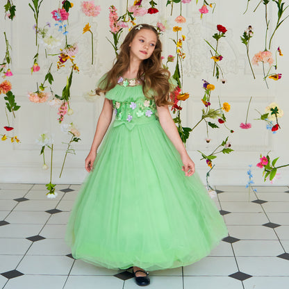 Green Girls' Dress with Small Flowers and a Small Bow