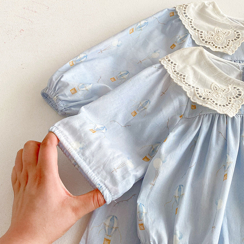Blue Children's Bodysuit/Dress with Flowers and Lace