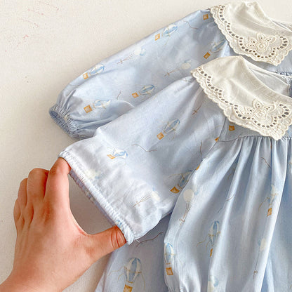 Blue Children's Bodysuit/Dress with Flowers and Lace