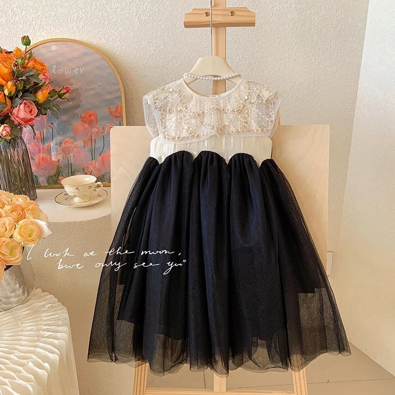 New Summer Square Collar Mesh Splicing Sleeveless Dress