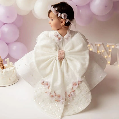 Flower Girl Dress White Floral Appliques With Bow Wedding Birthday