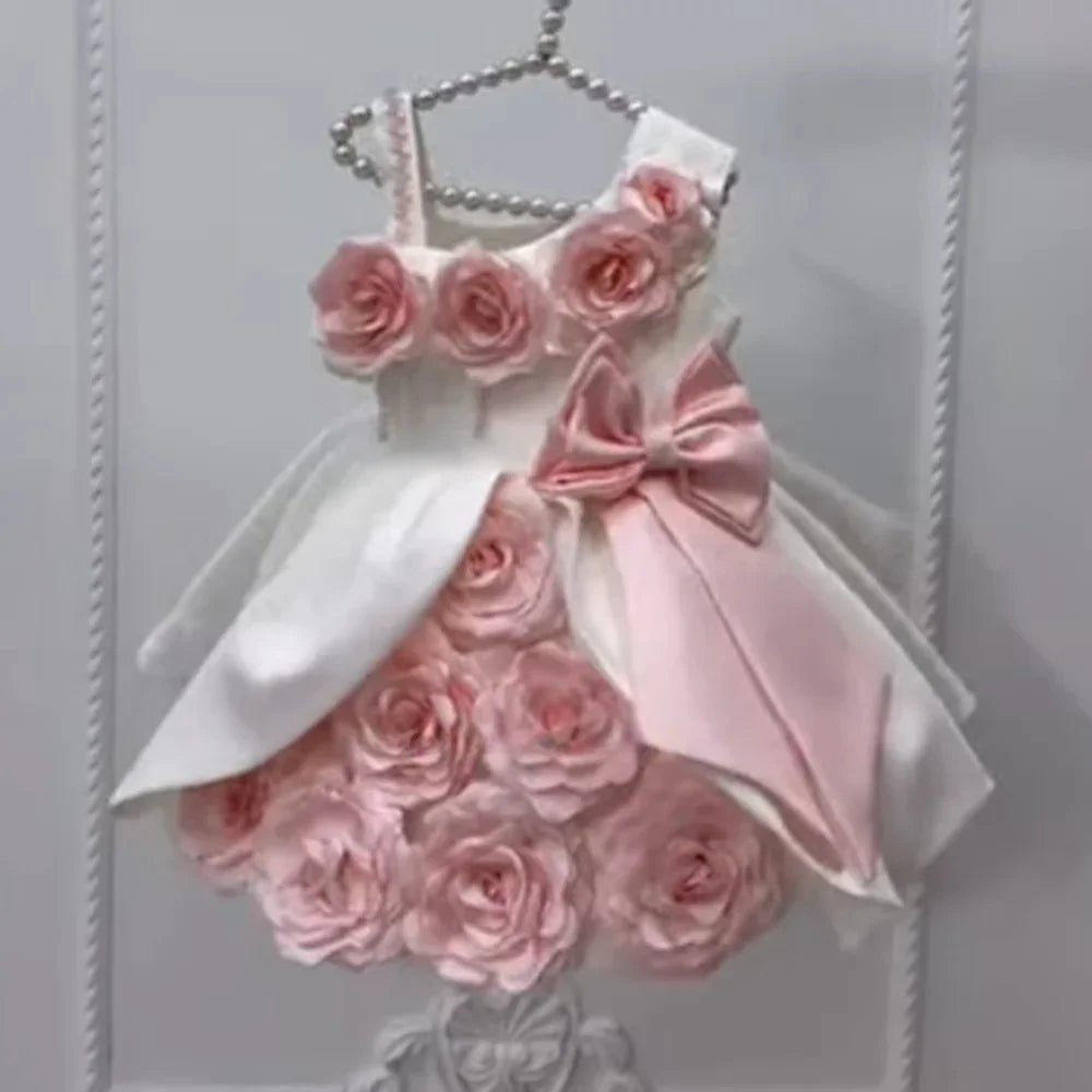 High End Handmade 3D Floral Rose Bow Flower Girl Dress