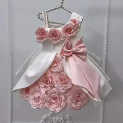 High End Handmade 3D Floral Rose Bow Flower Girl Dress