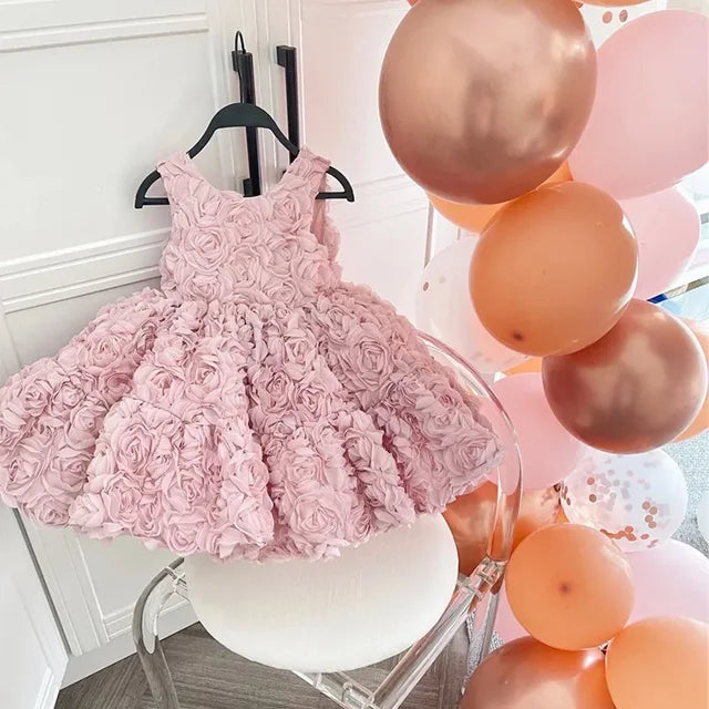 Girls Birthday Princess Dress High-End Dress Pink Three-Dimensional Flower Dress