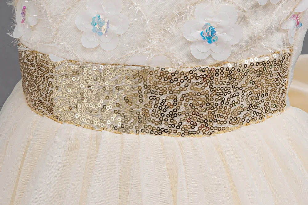 Flower Girl Dress 3D Rose Lace Tulle Sequin Waistband Princess