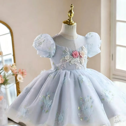 Customized Blue Flower Girl Dress for Wedding Appliques