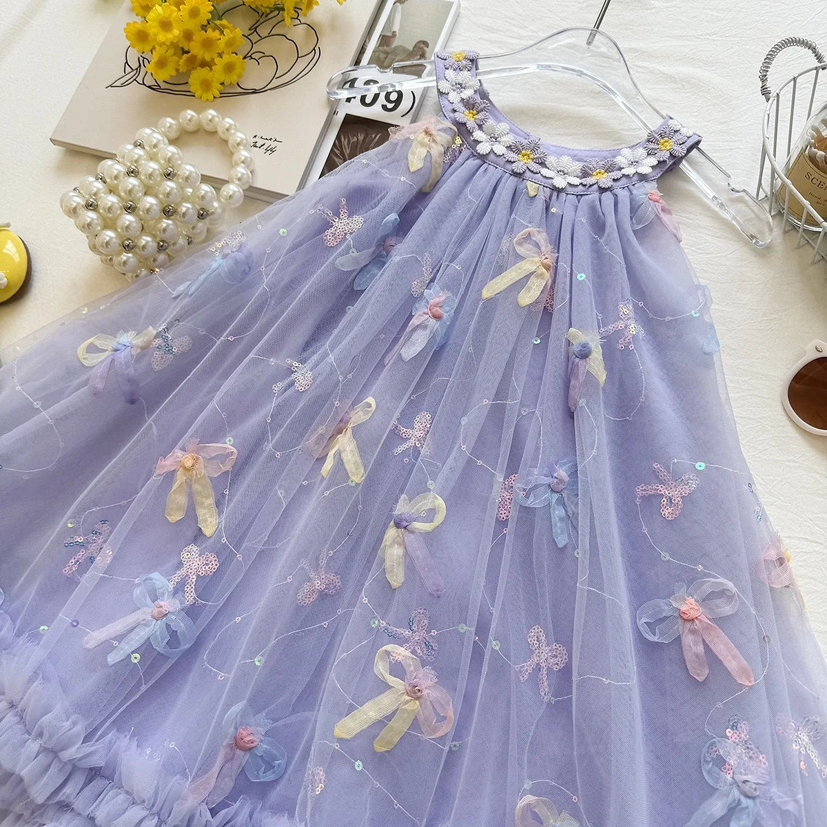 Bow Mesh Girls Puffy Princess Dress