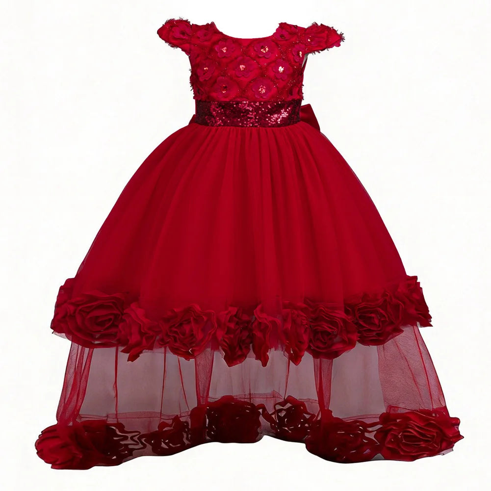 Flower Girl Dress 3D Rose Lace Tulle Sequin Waistband Princess