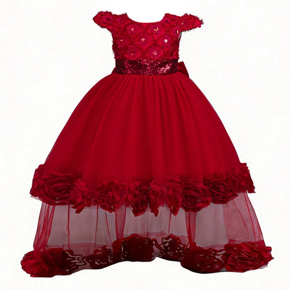 Flower Girl Dress 3D Rose Lace Tulle Sequin Waistband Princess