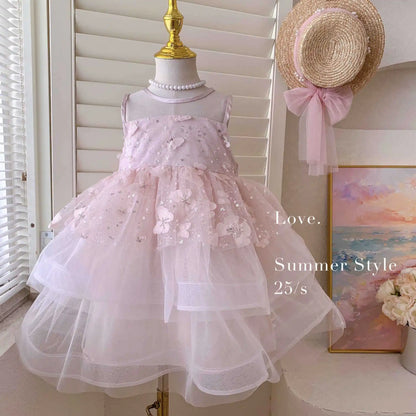 Kids Princess Tulle Dress Butterfly Sleeveless Party Gown
