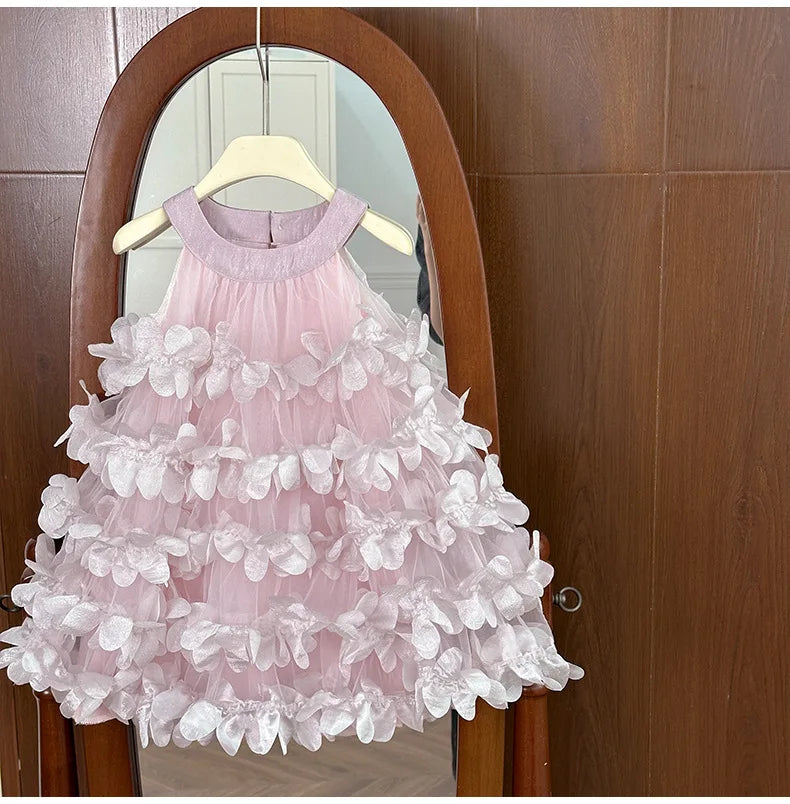 Summer Girls Dress Floral Layered Cake Skirt Birthday Princess Dress