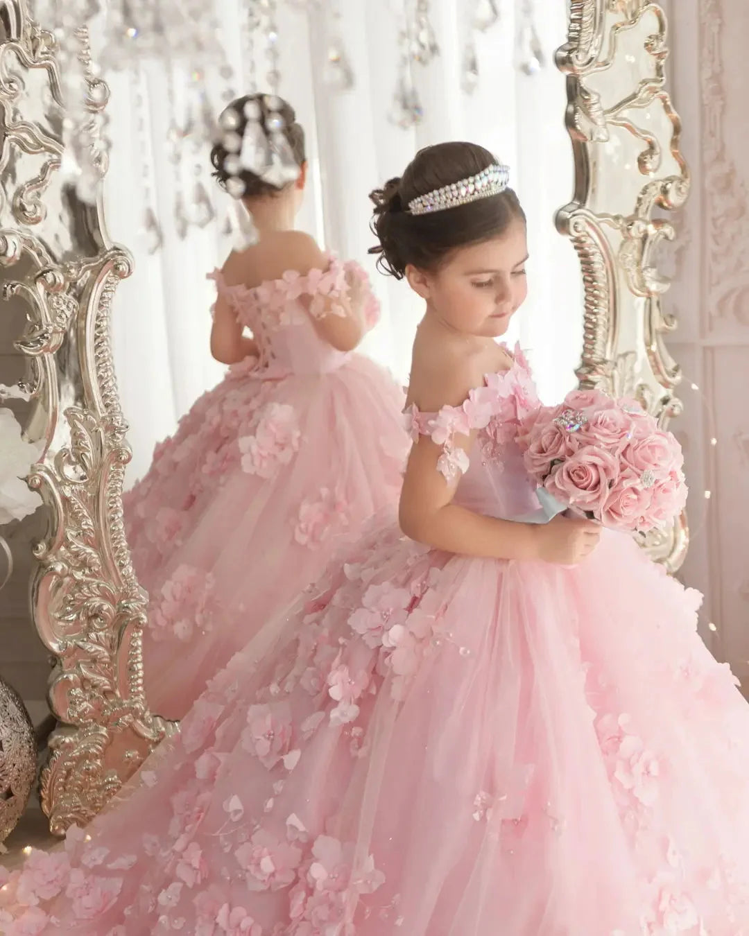 Pink 3d Applique Flower Wedding Birthday Party Dress