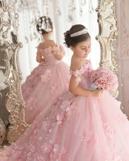 Pink 3d Applique Flower Wedding Birthday Party Dress