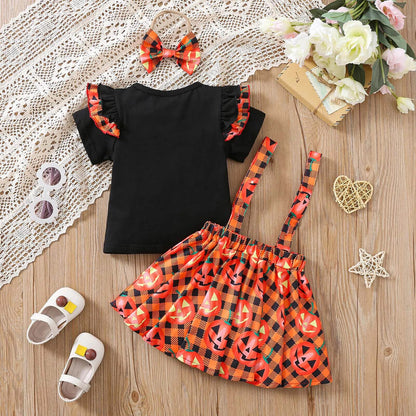 Conjunto de 3 piezas para niñas, ropa infantil con top de manga corta con vuelo, falda con tirantes y lazo para Halloween