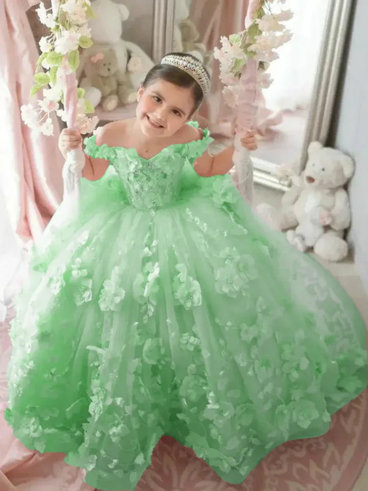 Pink 3d Applique Flower Wedding Birthday Party Dress