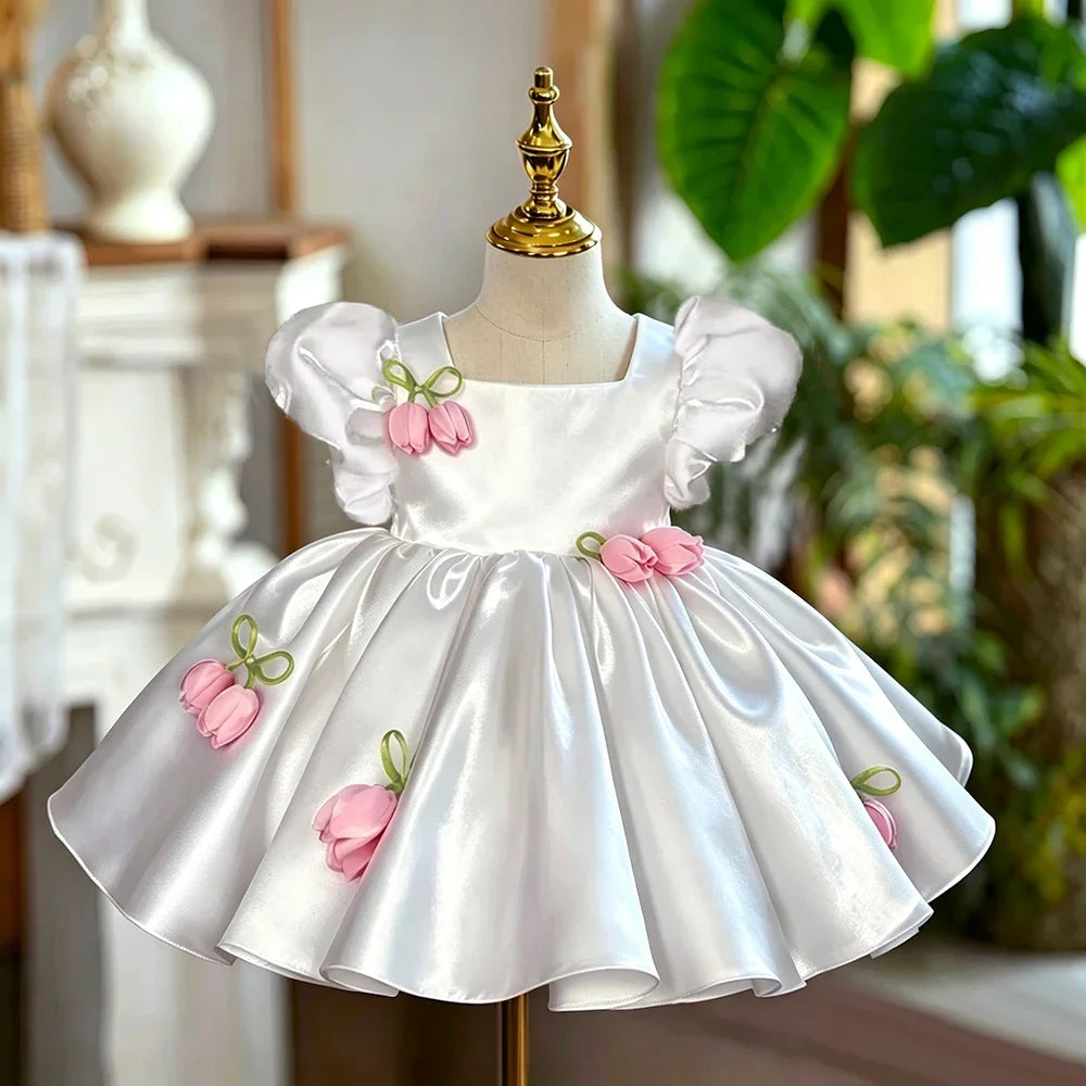 Luxury Dress Female Wedding Guest Gown Puff Sleeve Floral Tulle Kids Gown