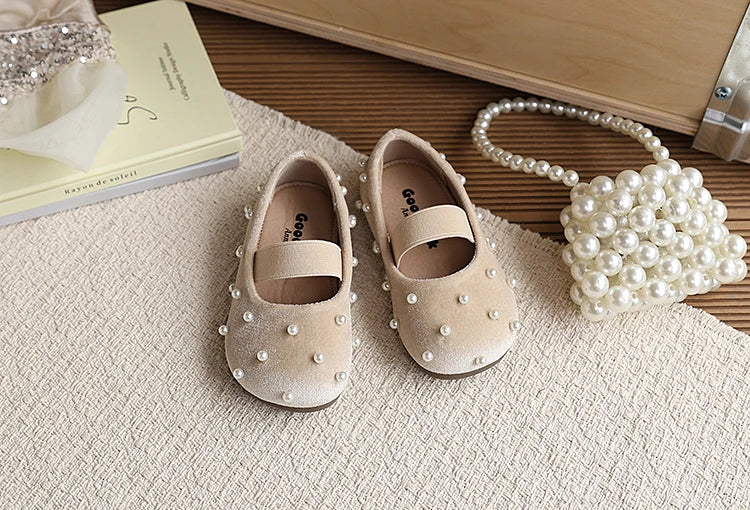 Pearl Girls Flats Shoes Solid Velvet Shallow Elastic Kids Princess Shoes