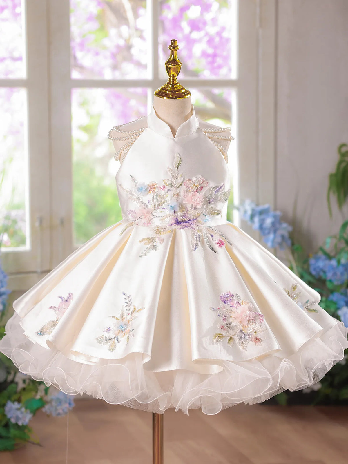Embroidery Satin Flower Girl Dress Wedding Guest Gown