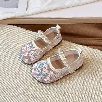 Pink Blue Floral Embroidery Mesh Ballet Flat Lace Ballerina Shoe