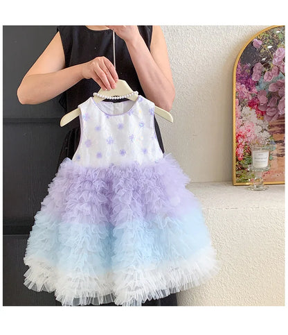 New Summer Kids Girls Gradient Tutu Party Dress Sleeveless Flower Sequin