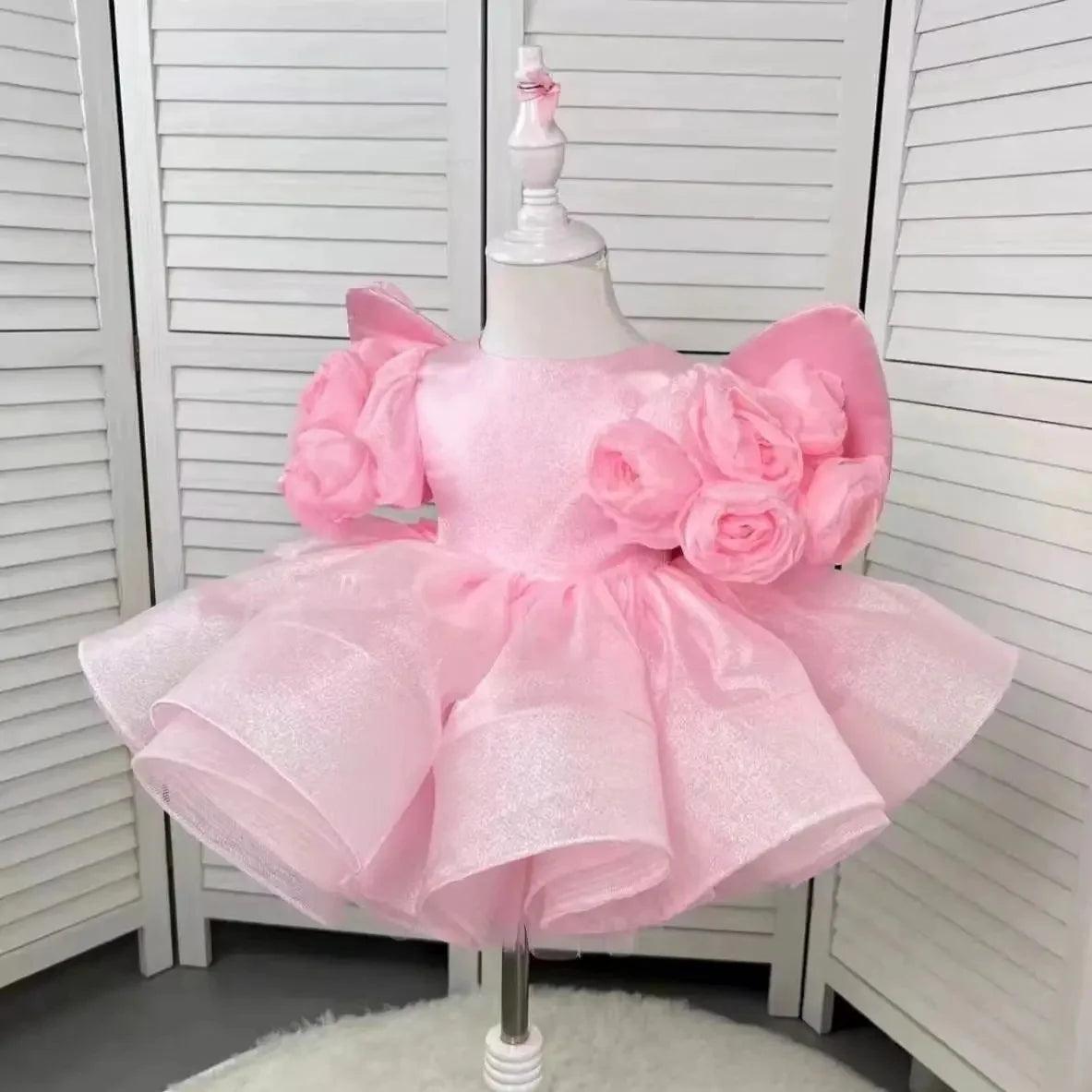 3D Flower Puff Sleeve Fluffy Tutu Dress