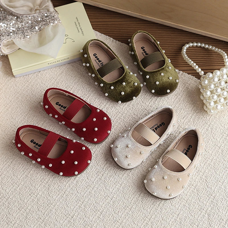 Pearl Girls Flats Shoes Solid Velvet Shallow Elastic Kids Princess Shoes