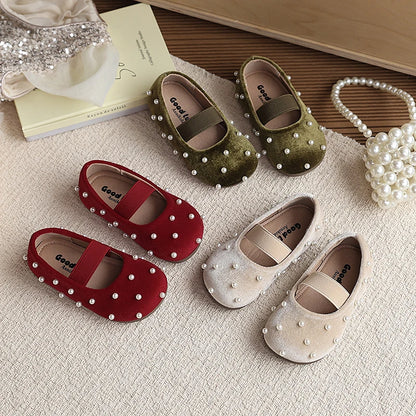 Pearl Girls Flats Shoes Solid Velvet Shallow Elastic Kids Princess Shoes
