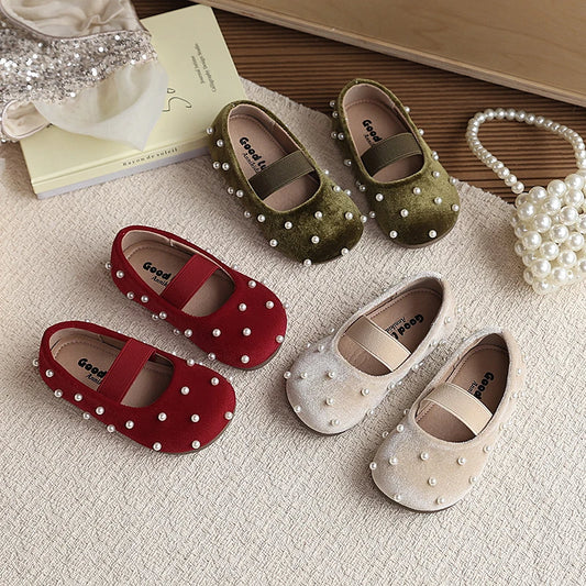 Pearl Girls Flats Shoes Solid Velvet Shallow Elastic Kids Princess Shoes