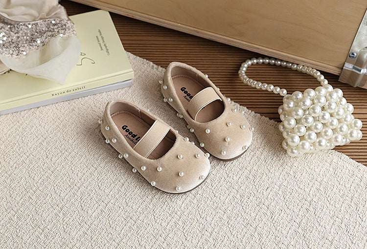 Pearl Girls Flats Shoes Solid Velvet Shallow Elastic Kids Princess Shoes
