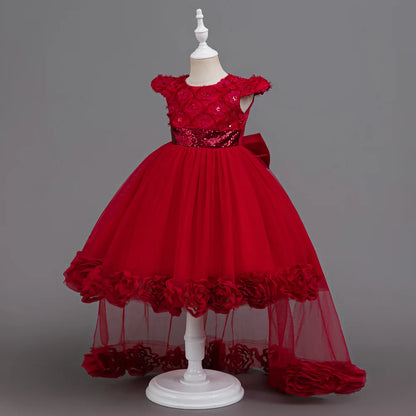 Flower Girl Dress 3D Rose Lace Tulle Sequin Waistband Princess