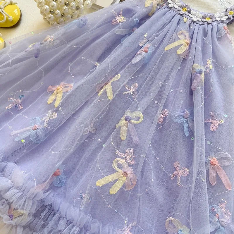 Bow Mesh Girls Puffy Princess Dress