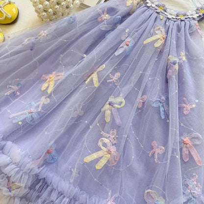 Bow Mesh Girls Puffy Princess Dress