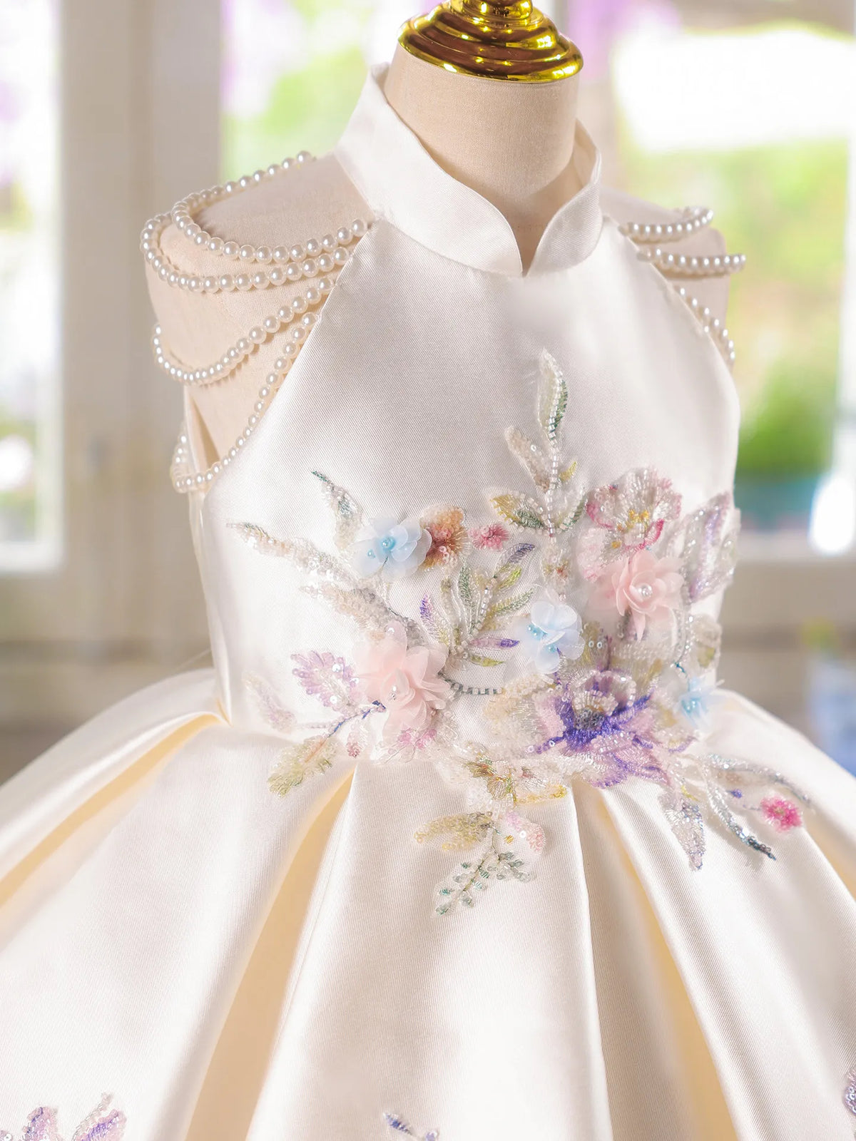 Embroidery Satin Flower Girl Dress Wedding Guest Gown