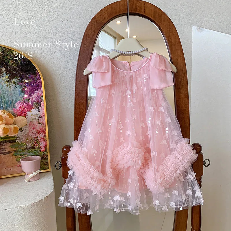 Sleeveless Flower Ruffles Butterfly Baby Girls Bows Dress