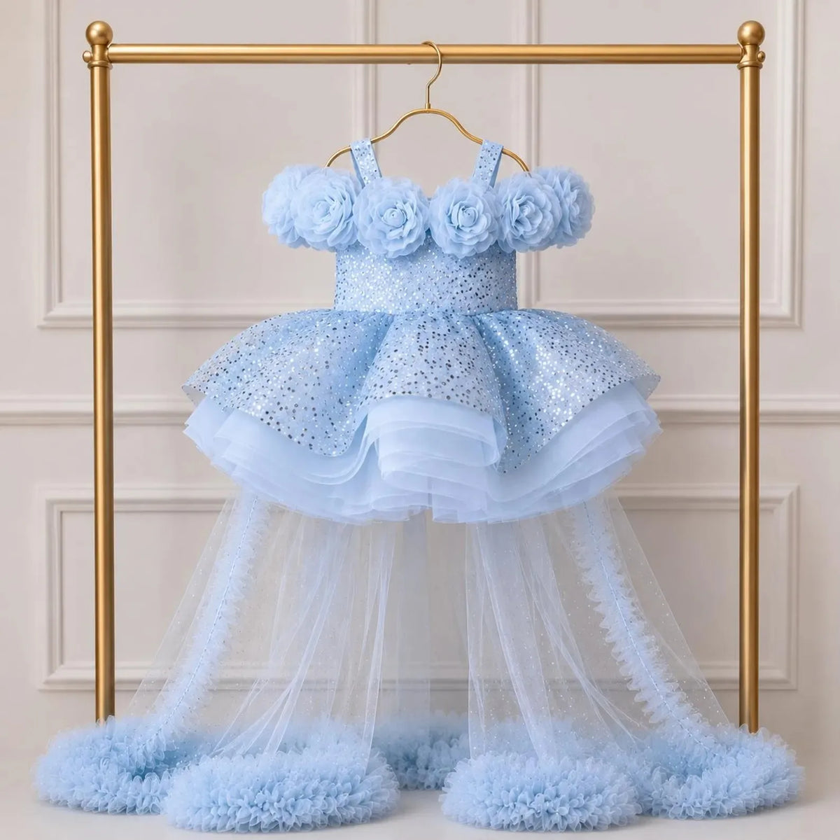 Custom Spaghetti Strap 3D Flower Sequin Tulle Short Dress With Train Luxury Women Wedding Guest Gown Girls Birthday Party